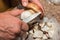 Men& x27;s hands knife clean edible forest mushroom