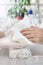 Men`s hands wiped with a towel by the beautician`s hands during a manicure treatment. A man in a beauty salon.