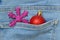 in men\\\'s jeans there is a New Year\\\'s snowflake and a ball in the back pocket