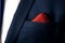 Men`s pocket square close up. Male marriage suit closeup. Style for a very special day. Male in blue suit set closeup.