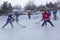 Men`s teams compete in a Pond Hockey Festival in Rangeley.