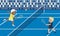 Men\\\'s tennis. Two cute multicultural boys are playing on the tennis court