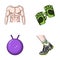 Men`s torso, gymnastic gloves, jumping ball, sneakers. Fitnes set collection icons in cartoon style vector symbol stock