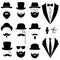 Men`s tuxedo. Mustache, glasses, beard, pipe and top hat.