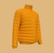 Men`s warm sport puffer jacket isolated over yellow background