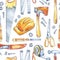 Men`s work illustration. Seamless pattern with carpentry tools. Watercolor axe, saw, roulette, knife, hammer, helmet