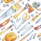 Men`s work illustration. Seamless pattern with carpentry tools. Watercolor axe, saw, roulette, knife, hammer, helmet