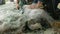 Men shearer shearing sheep at agricultural show in competition. Electric professional sheep manual hair clipper sheep