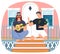 Men sing together on doorstep of their house. Male bard playing guitar vector illustration