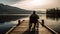 Men sitting on jetty, enjoying tranquil sunset generated by AI