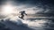 Men snowboarding in winter, flying over mountain peaks with excitement generated by AI