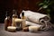 Men spa set with towels, natural solid shampoo, soap, beard brush and aroma oil on dark background