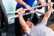 Men in sport gym training with barbell