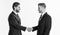 Men in suits or businessmen hold hands in handshake.