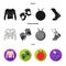 Men torso, gymnastic gloves, jumping ball, sneakers. Fitnes set collection icons in black, flat, monochrome style vector