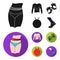 Men torso, gymnastic gloves, jumping ball, sneakers. Fitnes set collection icons in black, flat style vector symbol