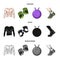 Men torso, gymnastic gloves, jumping ball, sneakers. Fitnes set collection icons in cartoon,black,monochrome style
