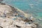 Men tourists enjoy fishing in sea blue water on rocky beach