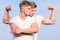 Men twins muscular brothers sky background. Men strong muscular athlete bodybuilder posing confidently in white shirts