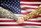 Men in uniform shaking hands with flag on background - United States