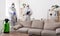 Men in virus protective suit making treatment of sofas