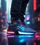 Men wearing blue sneakers glowing in the dark with lightened soles. AI generated.