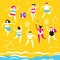 Men and women in bathing suits play beach volleyball and badminton on the beach. CMYK. Vector