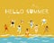 Men and women in bathing suits play beach volleyball. Trendy abstract flat illustration for advertising seasonal and tourist