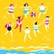 Men and women in bathing suits play beach volleyball. Trendy abstract flat illustration for advertising seasonal and tourist