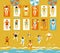 Men and women in bathing suits sunbathe on the beach and play beach volleyball. Trend abstract flat illustration for advertising