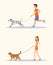 Men and women in casual clothes walking the dogs of different breeds, active people, leisure time. Golden retriever and