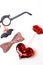 men and women concept men glasses, mustache, women candy red lips and red heart