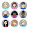 Men and women of different nations, skin and hair colors. Asian, European, African people, cartoon simple portraits. Multiethnic