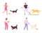 Men and women and domestic dogs activity. People walking with pets. Male and female characters training puppies