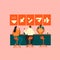 Men and women eat ramen and sushi together on date illustration in vector. People have lunch in asian restaurant.