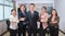 men and women happy smart standing together in corporate meeting room