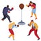 Men and women in office clothes face each other a sports punching bag with boxing gloves, aggression, defense, attack