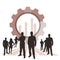 Men and women professional standing front of setting gears and stock illustrations in two color.  Business Team Vector silhouettes