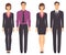 Men and women standing in full growth in formal clothes. Couples in elegant and casual clothes. Basic wardrobe. Vector illustratio