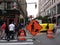 Men At Work Sign, Crowded Street, Manhattan, NYC, NY, USA