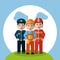 Men workers - policeman fireman and foreman construction standing in meadow cloud sky