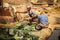 Men working at a tannery. Marrakesh. Morocco