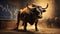 Menacing big bulls in the center on a background with wall graphics.