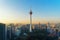 Menara Kuala Lumpur Tower with sunset sky. Aerial view of Kuala Lumpur Downtown, Malaysia. Financial district and business centers