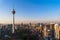 Menara Kuala Lumpur Tower with sunset sky. Aerial view of Kuala Lumpur Downtown, Malaysia. Financial district and business centers