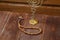 Menorah and beautiful rosary on a wooden table on a wooden wall