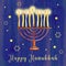 Menorah with burning candles. on blue textured background Hanukkah greeting design template. Hand drawn watercolor illustration