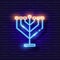 Menorah neon sign. Vector illustration for design. Jewish culture.