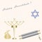 Menorah seven candles blue Star of David scroll pitcher sign Happy Hanukkah light background