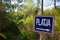 Menorca track blue sign with Platja or beach arrow